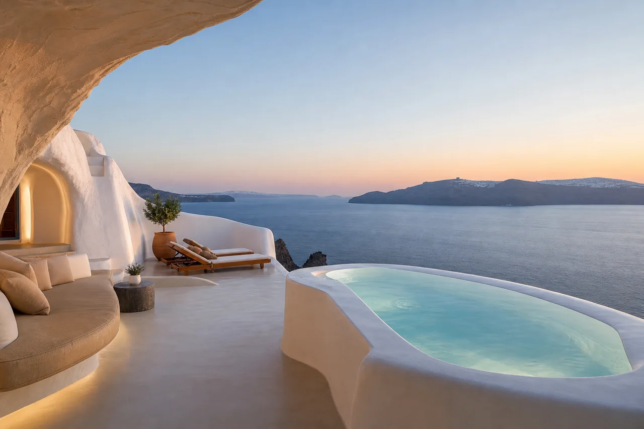 White cave house overlooking the caldera in Santorini, Greece